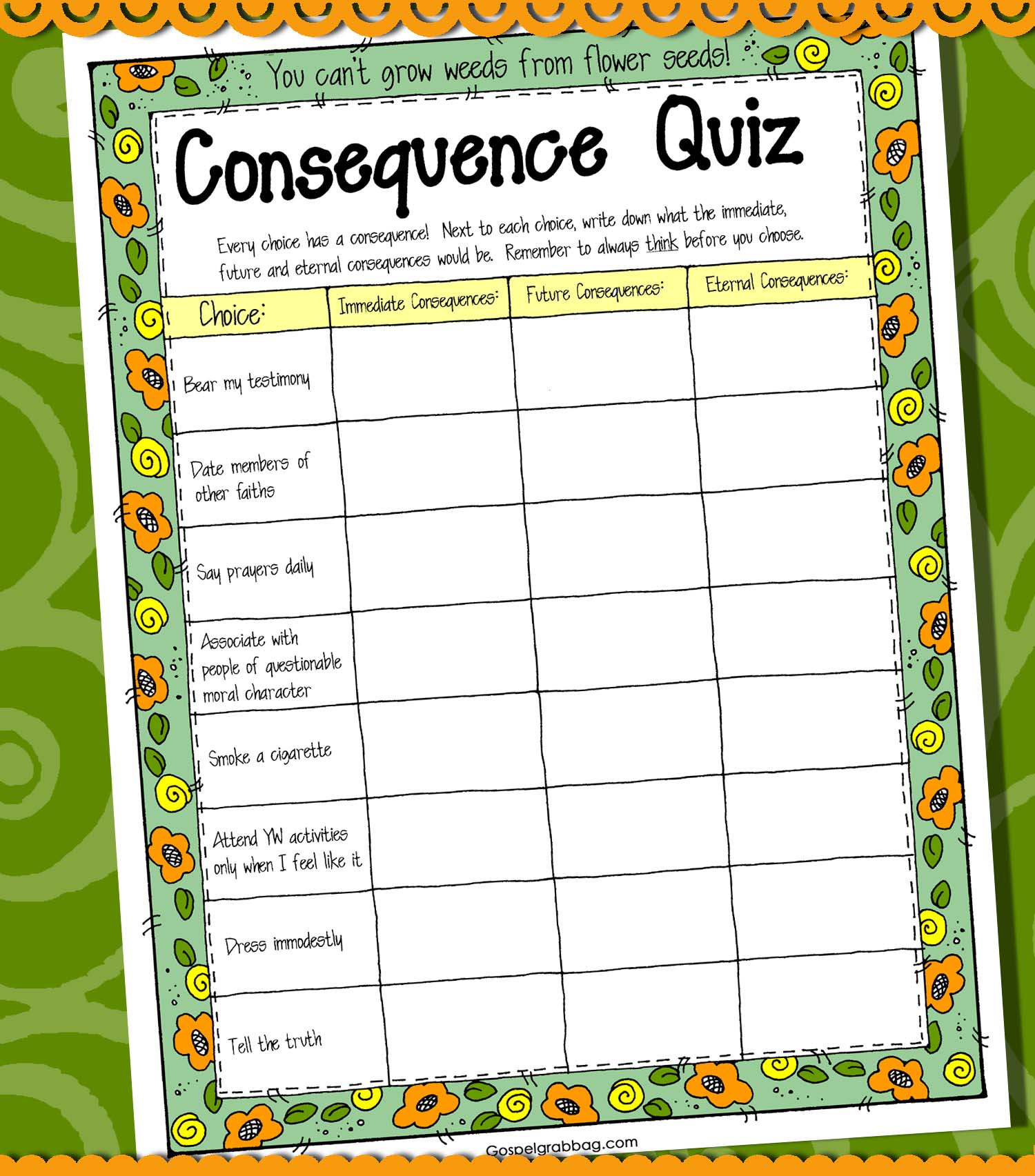 CHOICES CONSEQUENCES LDS Activity Consequence Quiz You Can t Grow 